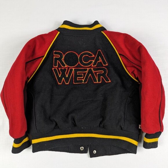 Youth Roca Wear Wool Leather Varsity Jacket Embroidered Black Red Kids Size 4 - Picture 1 of 13